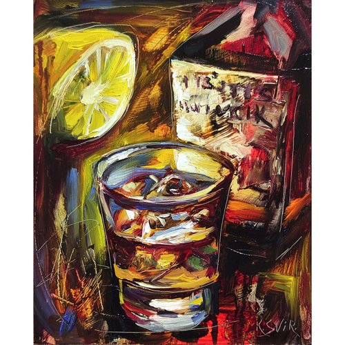 Ice Whiskey Painting, Glass of Bourbon Original Wall Art, Kitchen Decor.  手工油畫 - Shop ColoredCatsArt Posters - Pinkoi