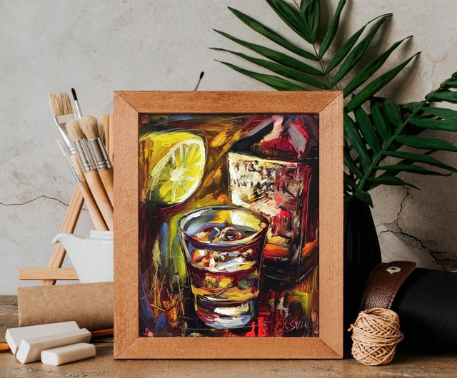 Ice Whiskey Painting, Glass of Bourbon Original Wall Art, Kitchen Decor.  手工油畫 - Shop ColoredCatsArt Posters - Pinkoi