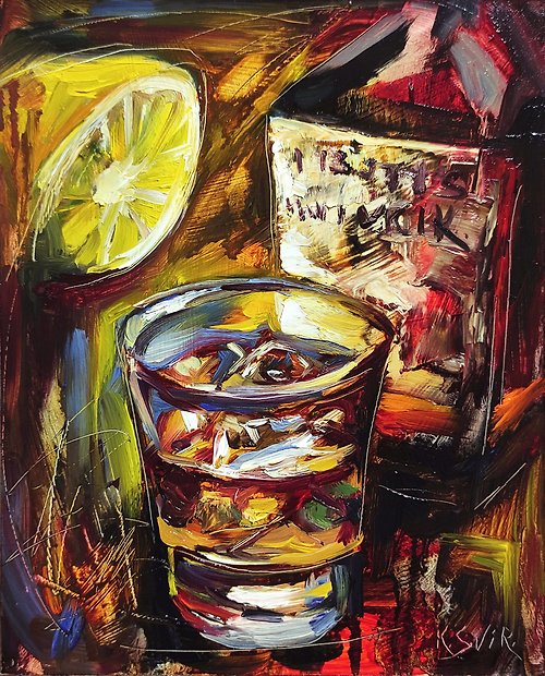 Ice Whiskey Painting, Glass of Bourbon Original Wall Art, Kitchen Decor.  手工油畫 - Shop ColoredCatsArt Posters - Pinkoi