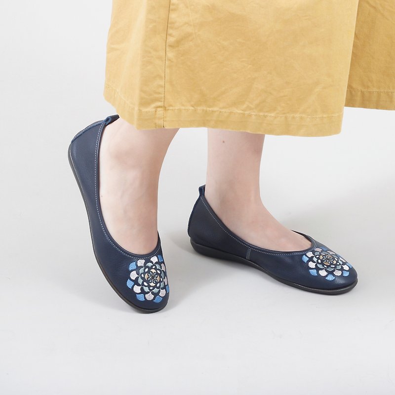手作り靴-錦簇花語(深藍) - バレエシューズ - 革 ブルー
