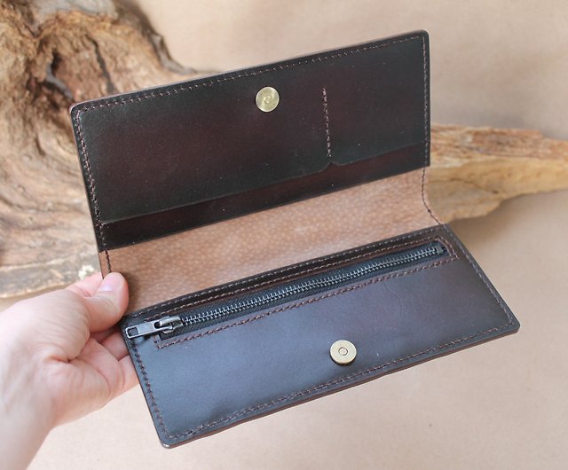 Long leather wallet with a dragon, carved leather bifold purse