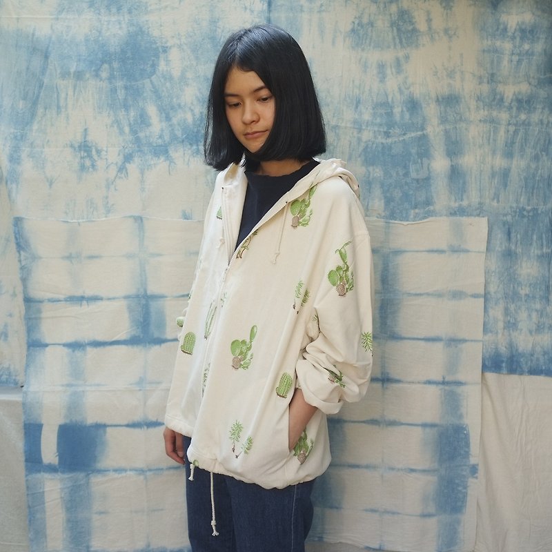 linnil: Cactus hooded jacket - limited printed on 100% cotton - เสื้อแจ็คเก็ต - ผ้าฝ้าย/ผ้าลินิน ขาว