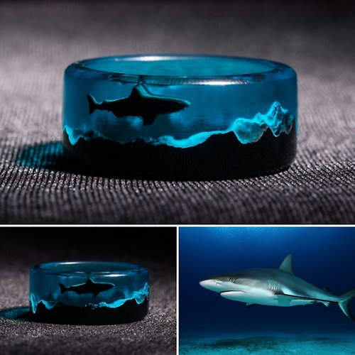Green Wood Wooden resin ring Shark ring for men and women glows in the dark
