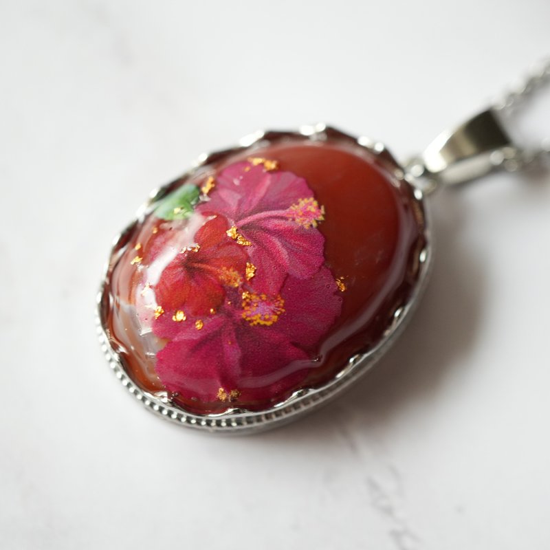 Carnelian and Hibiscus Pendant - Necklaces - Gemstone Red