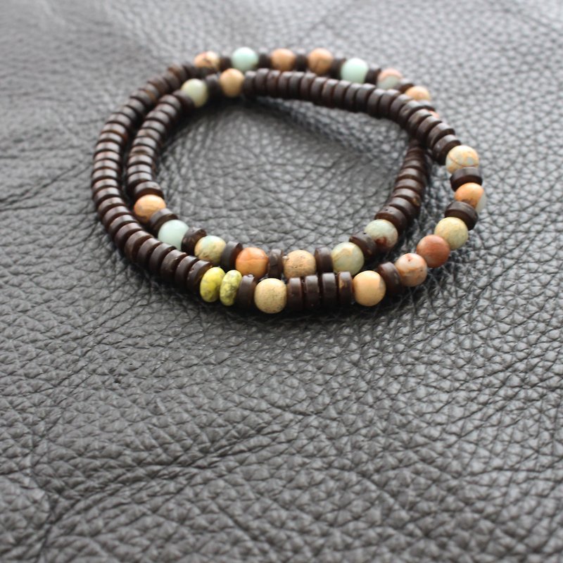 108 perles Hideitsu / Shoushan stone and coconut shell double ring bracelet 6mm - Bracelets - Paper Brown