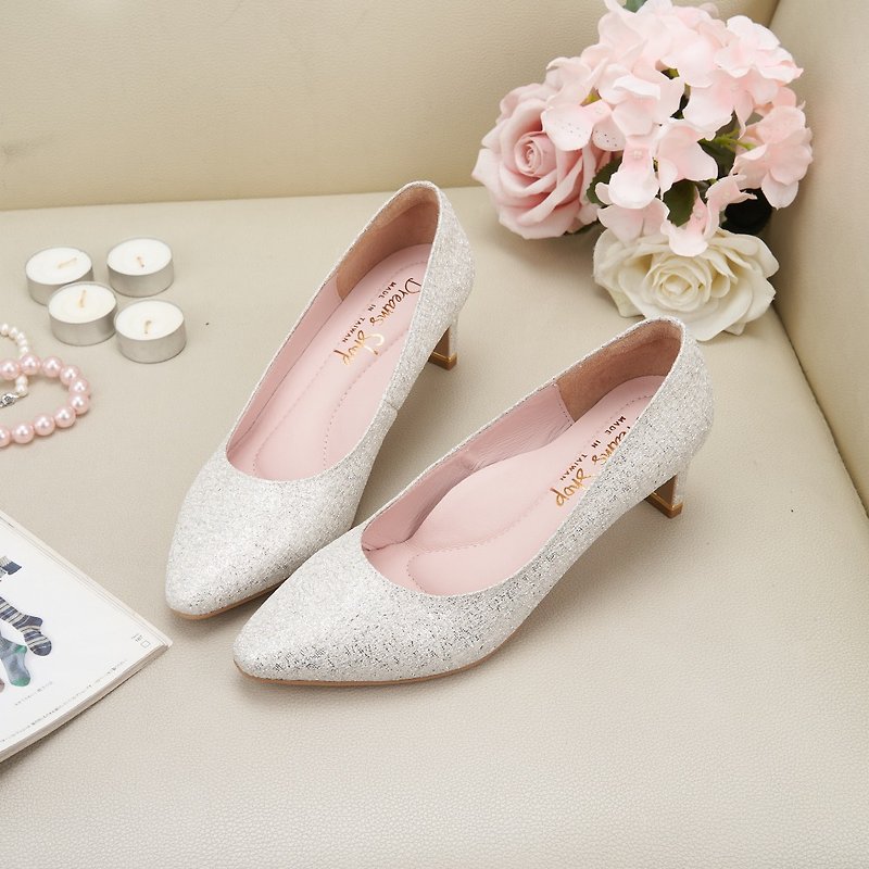 Silk Glitter Small Square Pointed High Heels Wedding Shoes 5.5cm Silver - High Heels - Polyester Silver