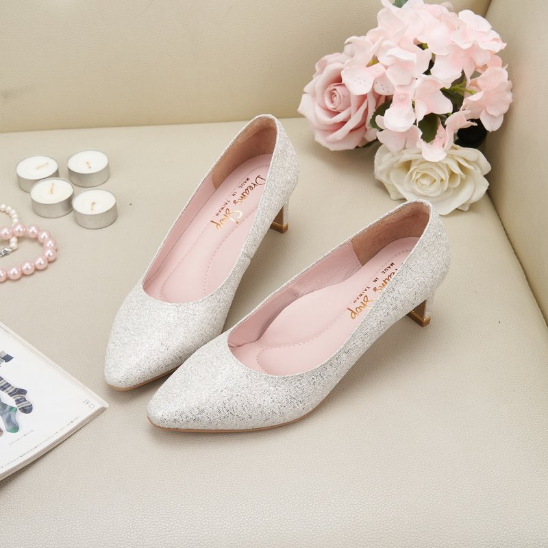 Air cushion_silk glitter small square pointed toe wedding shoes high heels silver - High Heels - Polyester Silver