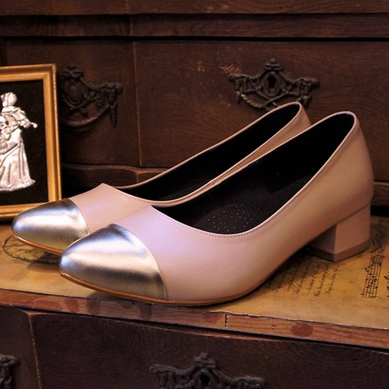 GT powder gold fight pointed low heels (spot) - รองเท้าส้นสูง - หนังแท้ สึชมพู