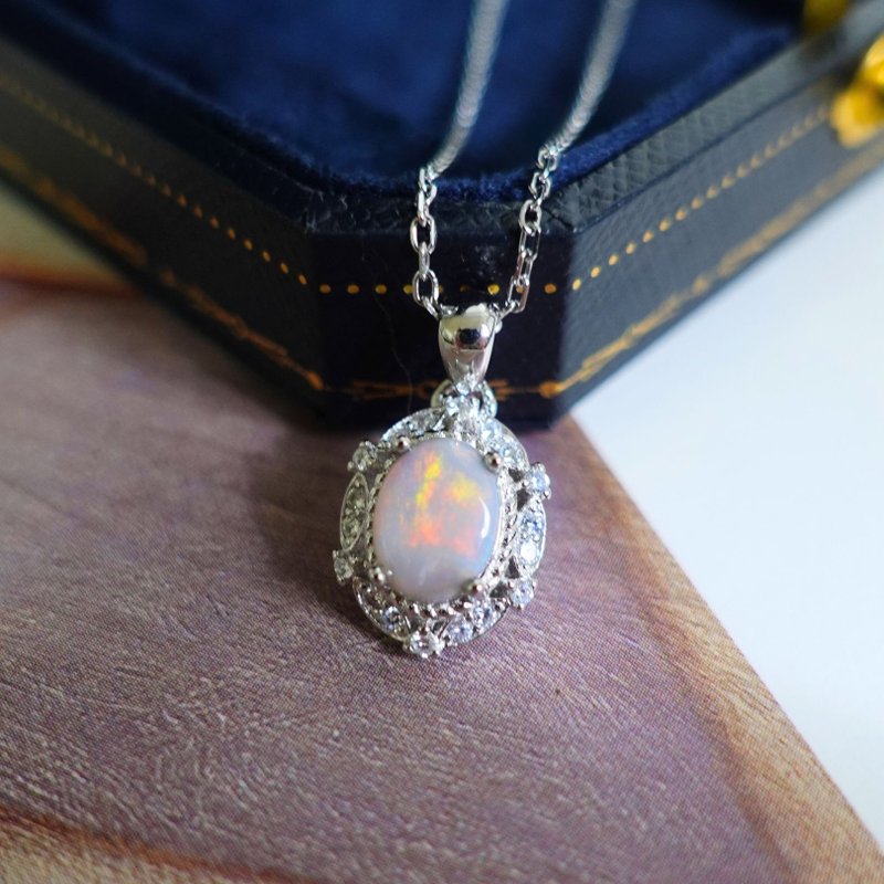 Australian opal natural raw mineral, beautiful oil paint sterling silver necklace, royal style design gift choice - สร้อยคอ - เงินแท้ 