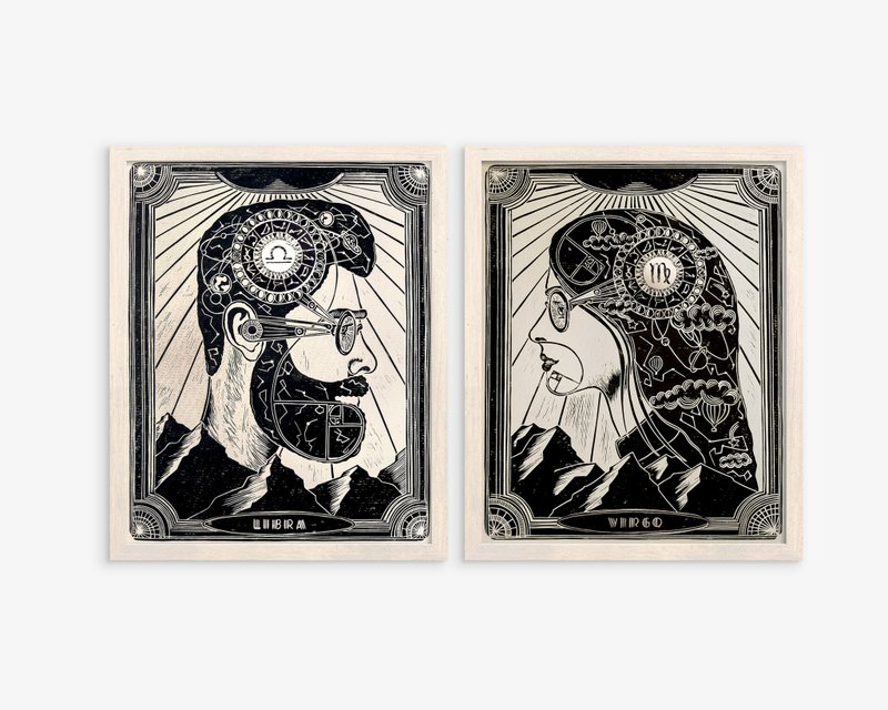 ギャラリーウォール 2 個セット パーソナライズされた星座プリント 男性と女性のポートレート - ポスター・絵 - 紙 ブラック