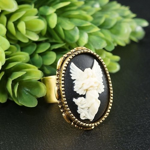 AGATIX Angel Cameo Adjustable Ring Cherub Guardian Angel Golden Statement Ring Jewelry