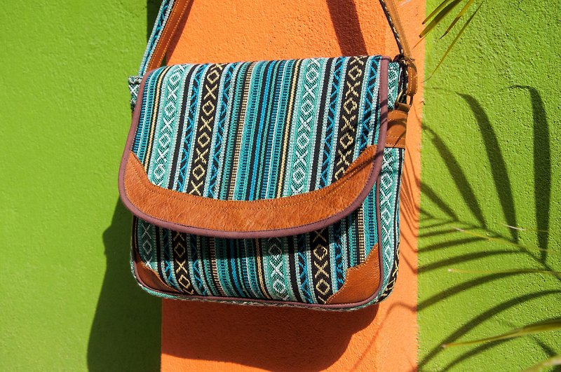Ethnic wind side backpack handmade leather side backpack crossbody bag boho cross-body bag - Morocco blue sky - Messenger Bags & Sling Bags - Genuine Leather Blue
