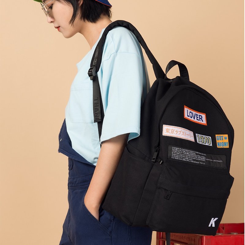 KIITOS new hit color embroidered barrage series backpack---black woven label backpack - กระเป๋าเป้สะพายหลัง - ผ้าฝ้าย/ผ้าลินิน สีดำ