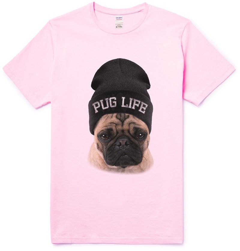 PUG LIFE [Spot] Men's and women's short-sleeved T-shirts, light pink, Pugs, Pugs, Pugs, Pugs, Dogs, Animals, Cats, Kids, American Cotton - เสื้อยืดผู้หญิง - ผ้าฝ้าย/ผ้าลินิน สึชมพู