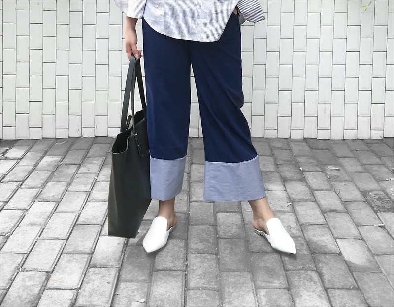 Blue Folded Hem Straight Pants - 女長褲 - 其他材質 藍色