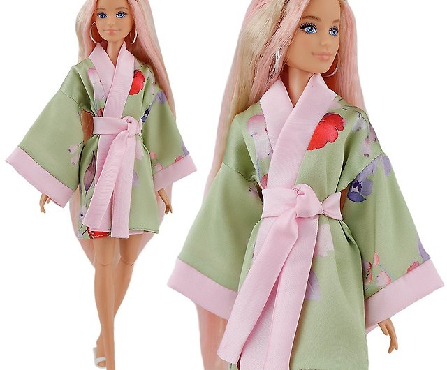 green silk kimono robe for Barbie doll 30cm 1/2 dolls - Shop Elenpriv Kids' Toys - Pinkoi