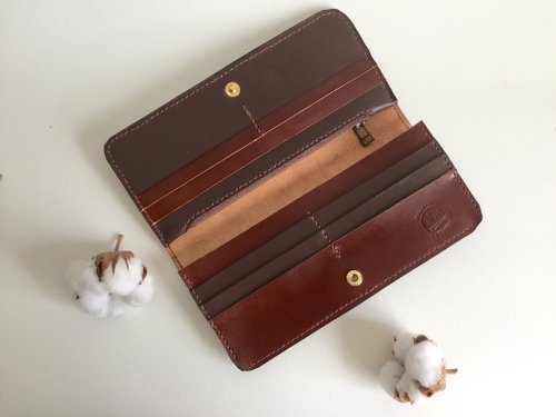 蔥之花 皮革布手作 氣質咖啡長夾 皮夾 皮革手工縫製 Handmade long Wallet