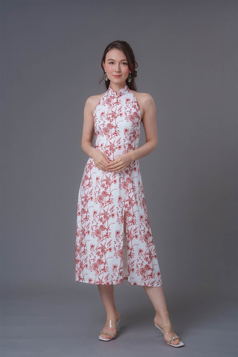 Floral Print Midi Qipao Dress (White/ Red) - Qipao - Other Materials Red