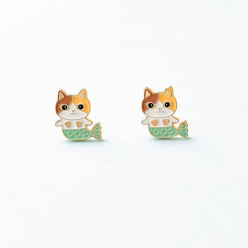 Meow mermaid cat earrings - Earrings & Clip-ons - Enamel Blue