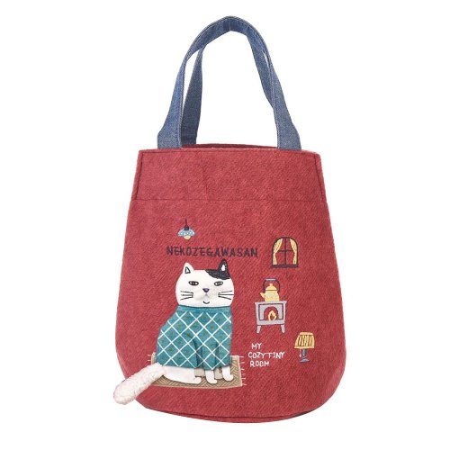 Kusuguru Japan Kusuguru Japan 抓絨質感圓底手提包 立體尾巴刺繡圖案水桶包 -紅