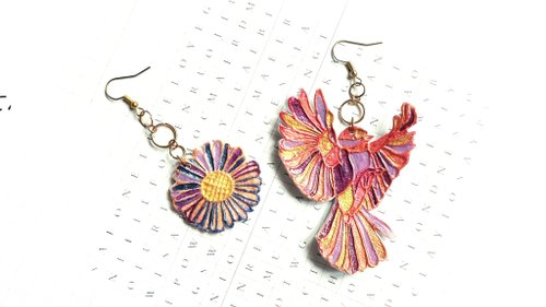 clay-to-say Faith in Me - A flying bird with Aster flower polymer clay earrings