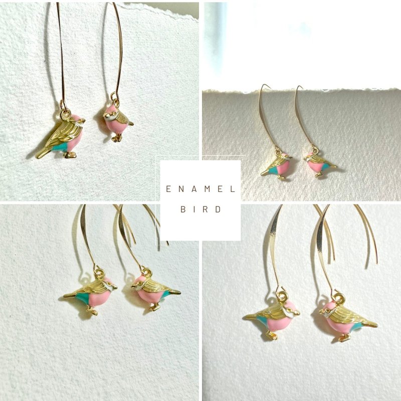 Enamel Bird Earrings - ต่างหู - วัตถุเคลือบ สึชมพู