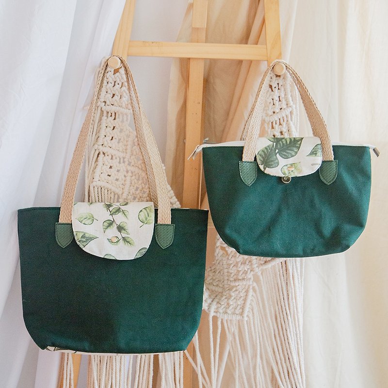 Handmade tote bag woven shoulder bag green leaf / large - กระเป๋าแมสเซนเจอร์ - วัสดุอื่นๆ สีเขียว