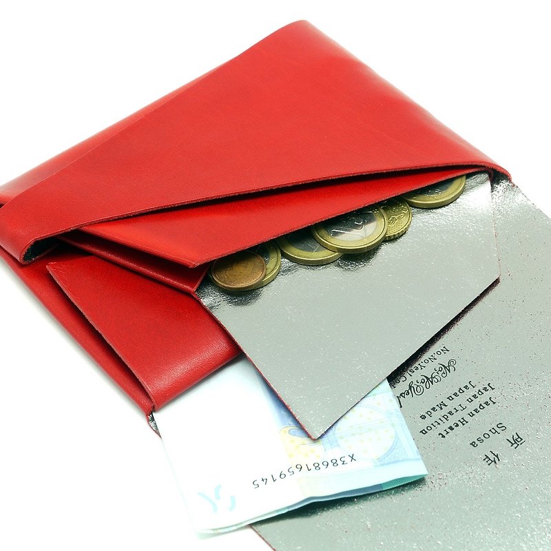 Japanese handmade-made Shosa vegetable tanned cowhide short clip 1.0-low-key luxury / red Silver - Wallets - Genuine Leather Red