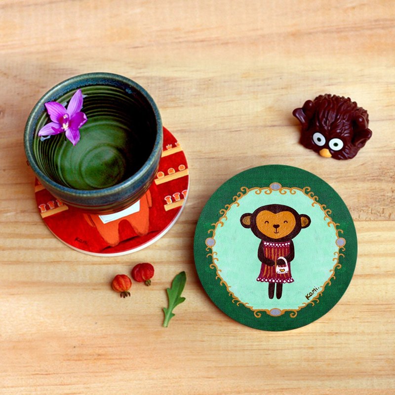 Ceramic absorbent coasters∣ Little Monkey goes shopping - ที่รองแก้ว - เครื่องลายคราม หลากหลายสี