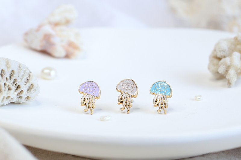 水母 Jellyfish 海洋生物 夾式耳環 手工飾品 生日禮物 紙盒包裝 - 耳環/耳夾/耳骨夾 - 琺瑯 多色