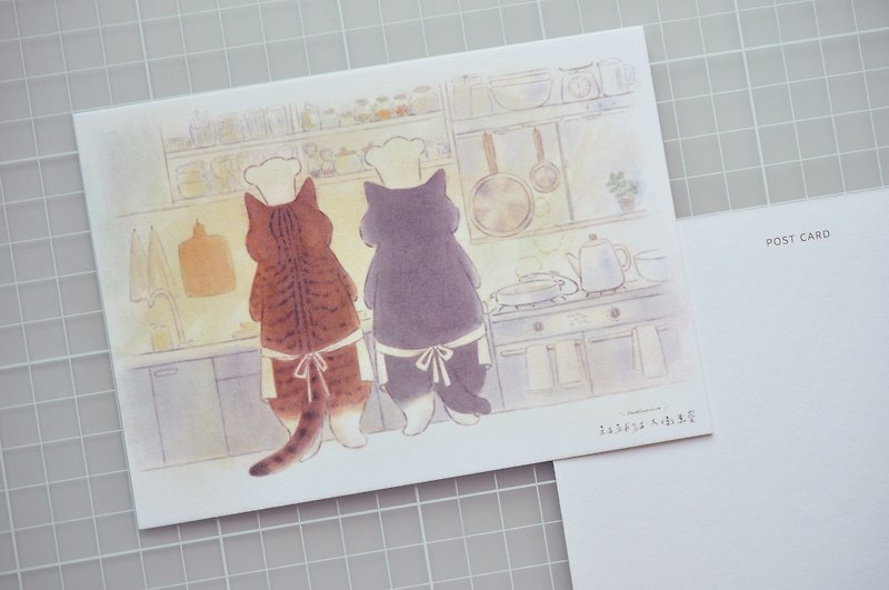 貓咪插畫明信片-療癒廚房 - 心意卡/卡片 - 紙 綠色