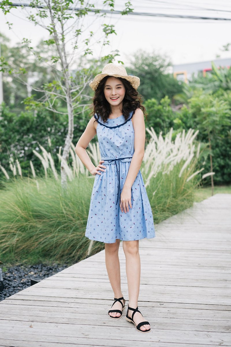 Nautical Dress Blue Summer Dress Cotton Women Clothing Vintage Style Sundress - One Piece Dresses - Cotton & Hemp Blue