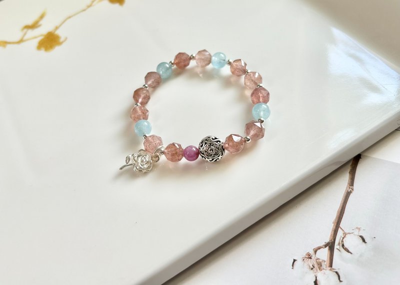 Business Essential Strawberry Crystal Aquamarine Ruby Rose Increases Communication Skills and Eliminates Tension - สร้อยข้อมือ - คริสตัล หลากหลายสี