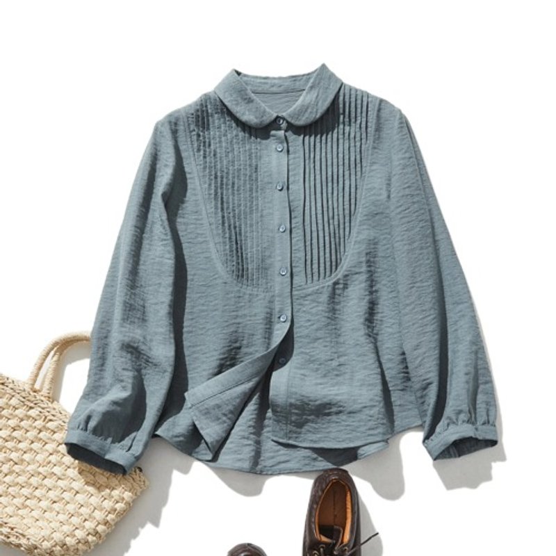 Cute and mature round-collar shirt blouse with pin tucks, long sleeves, linen blend blouse, light blue-green 241007-3 - เสื้อผู้หญิง - ผ้าฝ้าย/ผ้าลินิน 