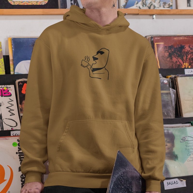 摩艾咖啡 Moai 刷毛帽T 中性版 咖啡色 秋冬聖誕禮物coffee石像 - 男 T 恤 - 棉．麻 咖啡色