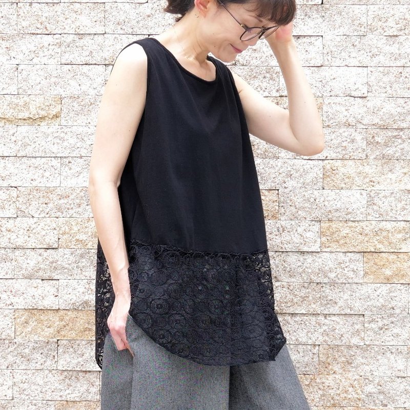 レースが彩る・体のラインを拾わないAラインシルエッ・ラウンド裾・ふんわり綿素材のノースリーブトップス・ブラック - 女上衣/長袖上衣 - 棉．麻 黑色