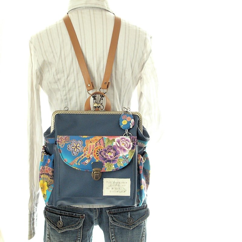 3 WAY back pocket & right zipper attaching backpack full set Japanese pattern Na - กระเป๋าเป้สะพายหลัง - หนังแท้ สีน้ำเงิน