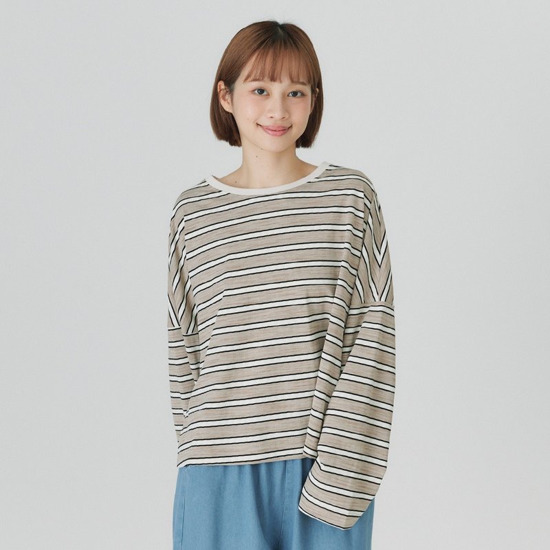 【Simply Yours】針織條紋拼接上衣 咖啡F - 女裝上衣 - 棉．麻 咖啡色