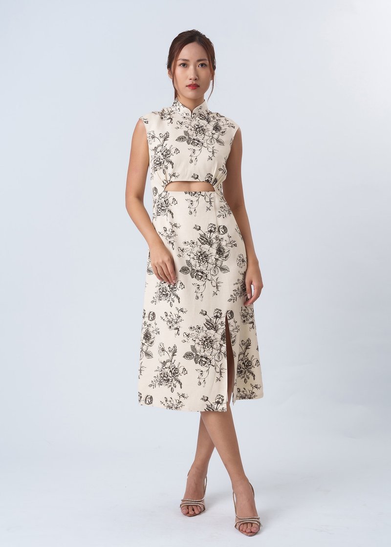 Extended Sleeves Cut Out Qipao (Black/ Beige Floral) - Qipao - Polyester Khaki