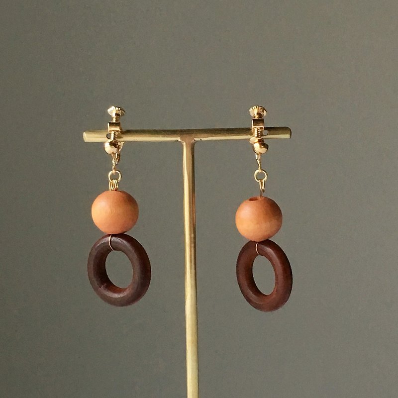 Wood beads non-hall / pierced earrings Vol.1 - Earrings & Clip-ons - Wood Brown