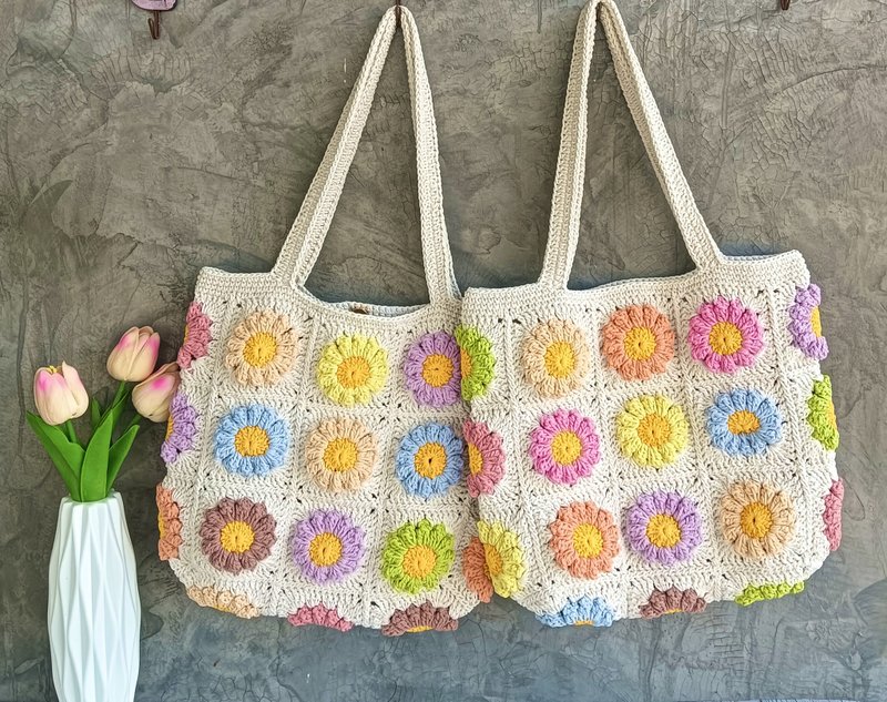 Pastel flowers crochet tote bag - 手提包/手提袋 - 棉．麻 