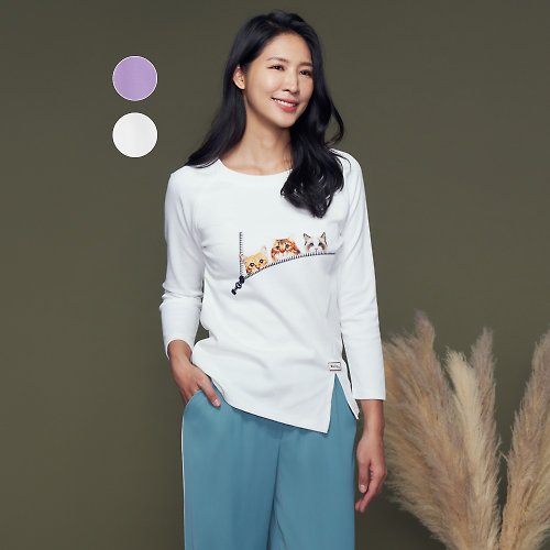 MEDUSA LADY 【MEDUSA】側開衩貓咪長版T恤-2色(M-XL) | 女休閒上衣 長袖上衣