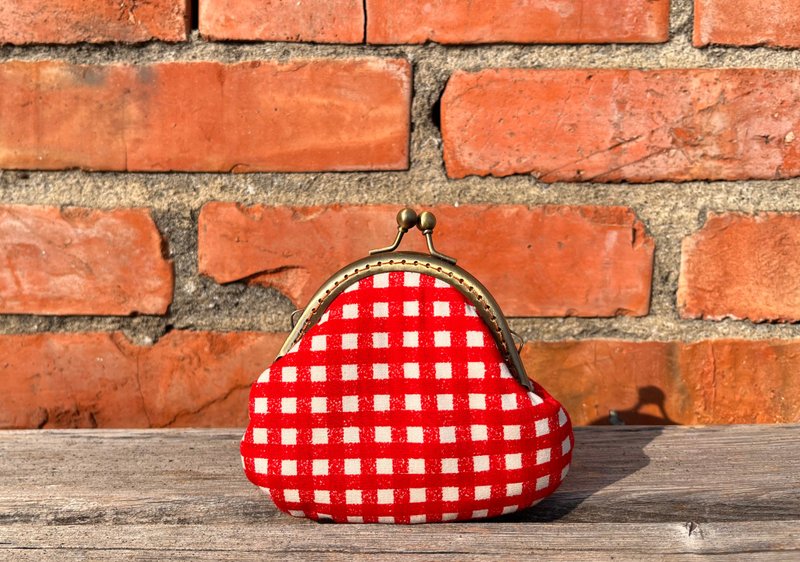 Red plaid•Hand-stitched gold coin purse•Cute pastoral style•Plaid control - กระเป๋าใส่เหรียญ - ผ้าฝ้าย/ผ้าลินิน สีแดง