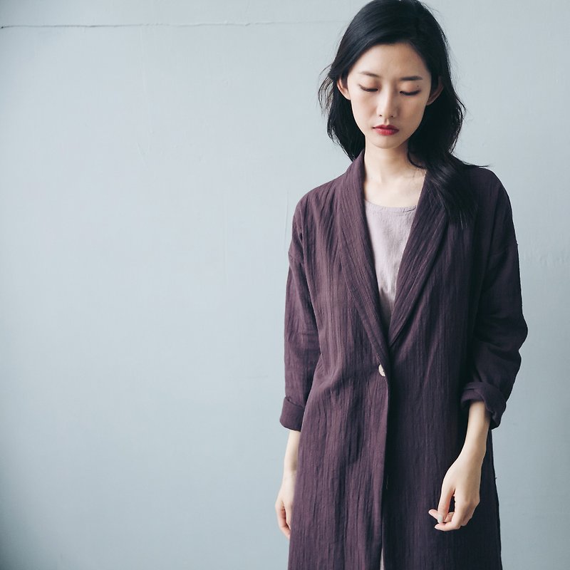 單釦長版大衣 - 紫 - 外套/大衣 - 棉．麻 紫色