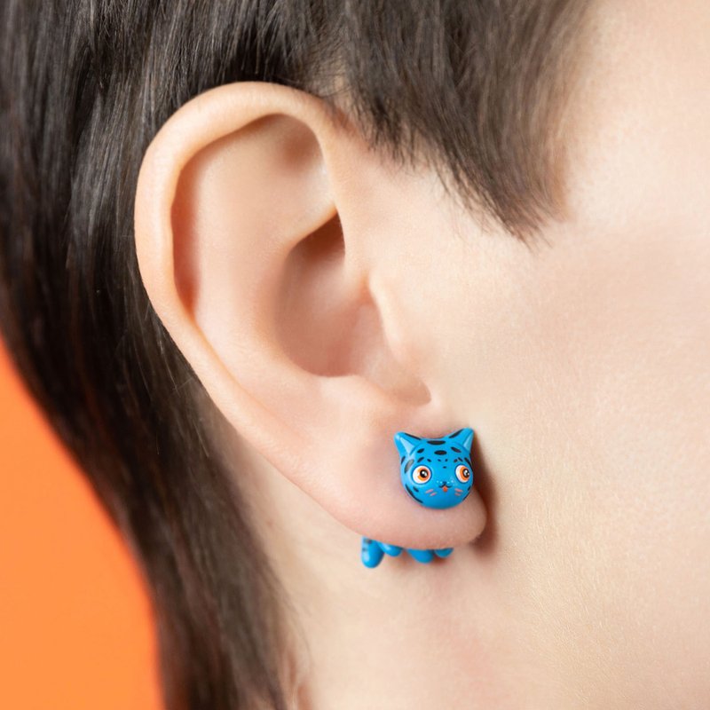 Blue Tiger Earrings - Cute Jewelry for Cat Lovers - Handmade Art - 耳環/耳夾/耳骨夾 - 其他材質 藍色
