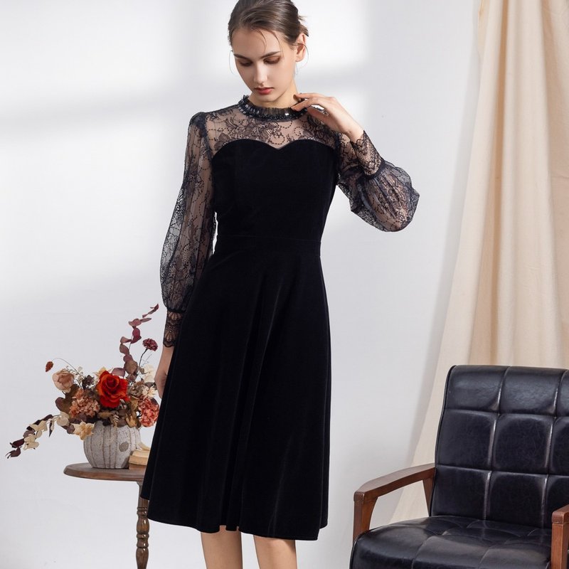 【MEDUSA】氣質黑色絲絨禮服洋裝(M-XL) | 小禮服 晚宴服 - 禮服/小禮服 - 聚酯纖維 黑色