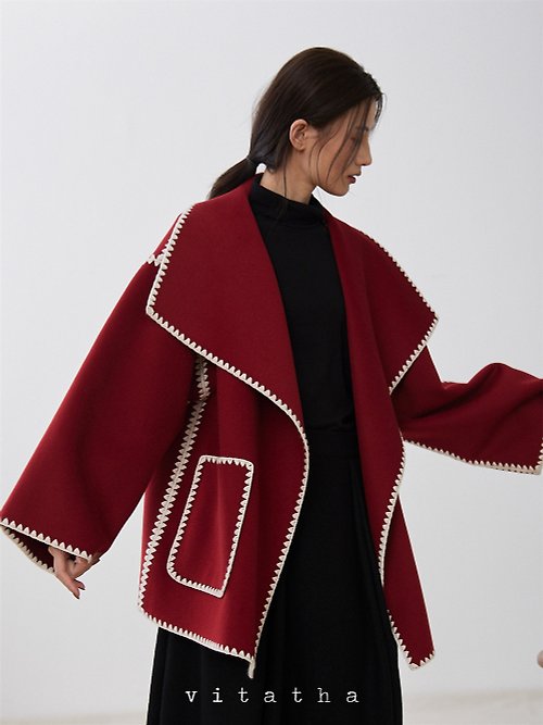 vitatha 番塔塔 紅色 3色 重磅秋冬羊絨羊毛雙面呢貝殼繡特殊工藝大衣外套