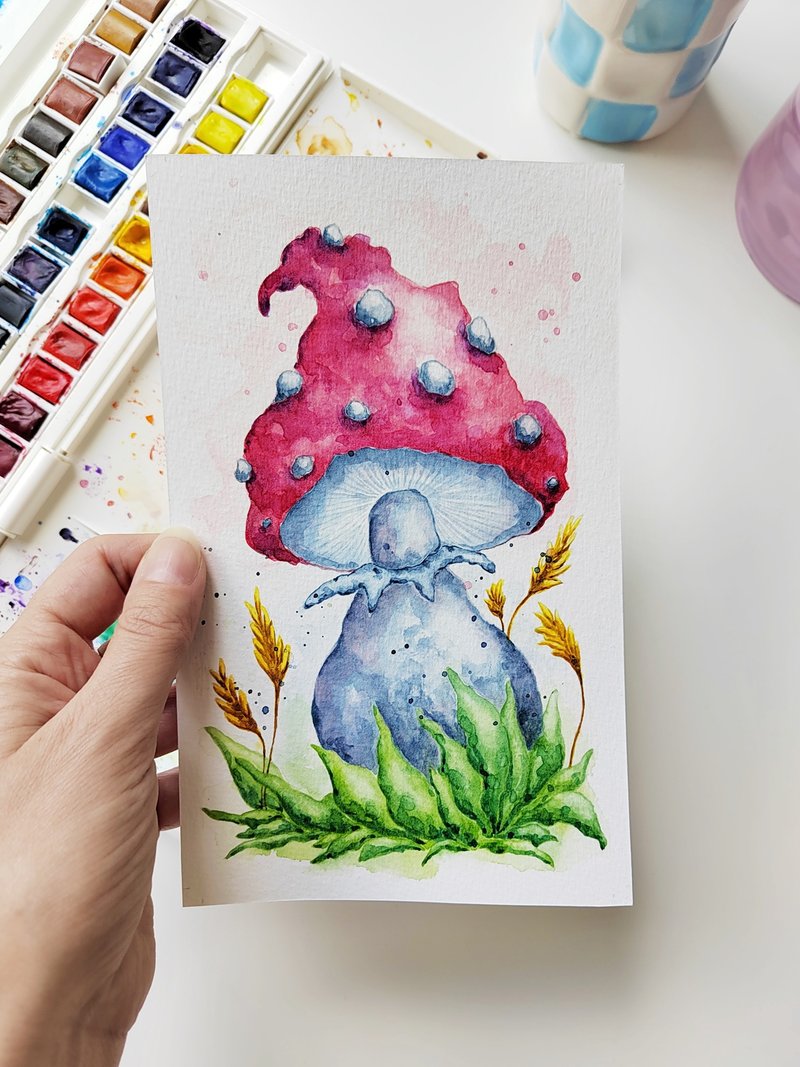 Mushroom Fly Agaric Small Watercolor floral painting - Original Artwork - 壁貼/牆壁裝飾 - 紙 多色