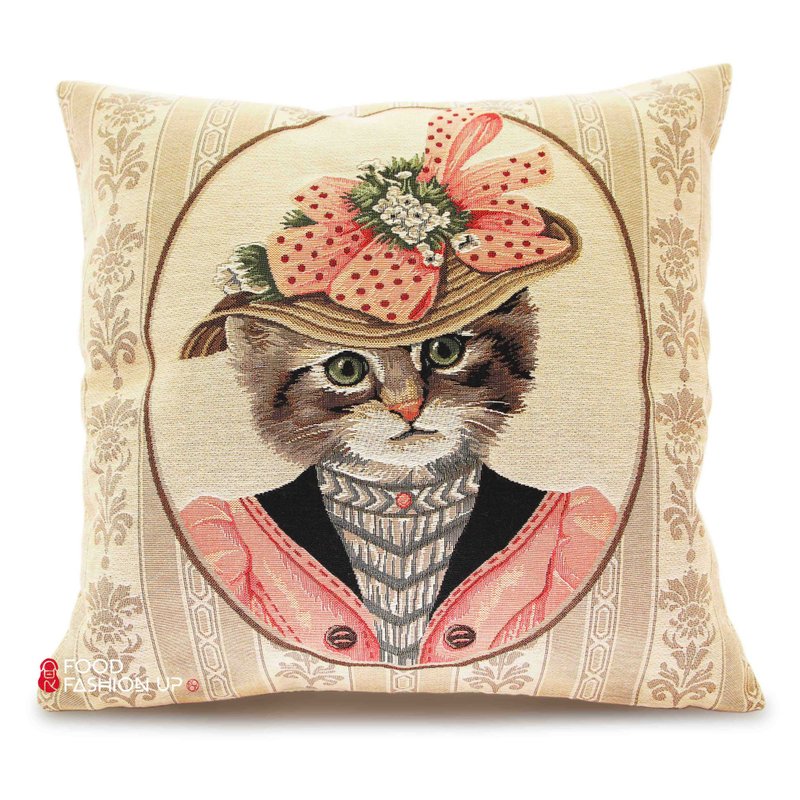 Exclusive limited edition of 1 cat pink bow, European craftsmanship jacquard pillow, cute embroidery - หมอน - ผ้าฝ้าย/ผ้าลินิน 