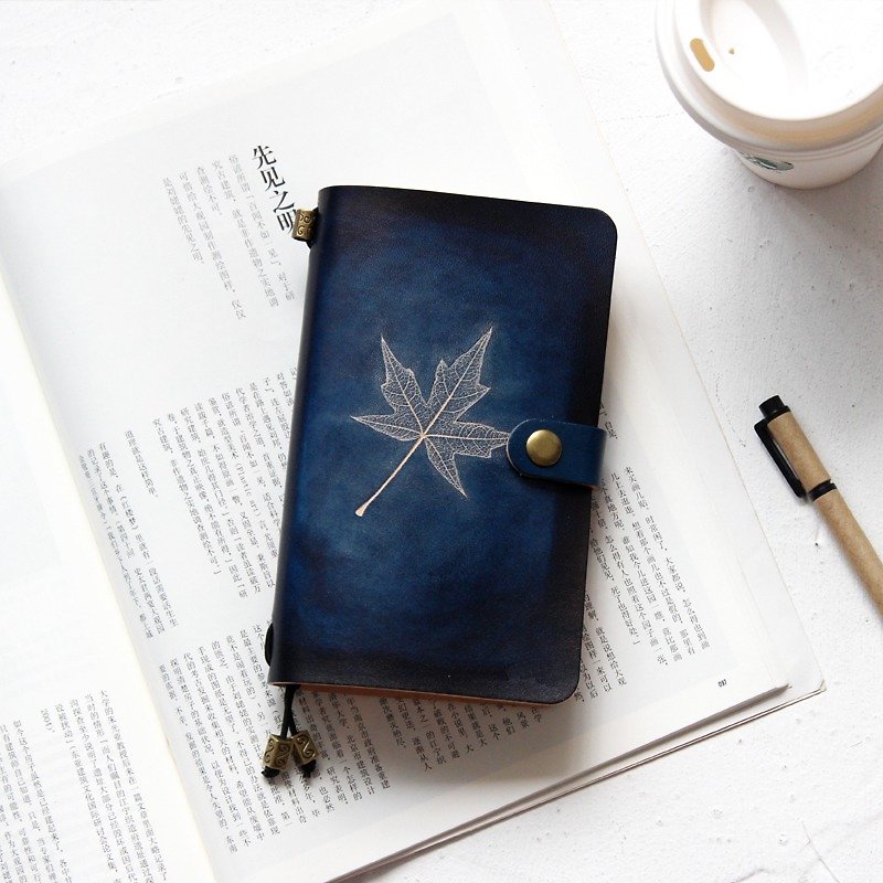 Mountain and sea blue maple leaf hand book leather notebook diary TN travel notebook notepad can be customized - Notebooks & Journals - Genuine Leather Blue
